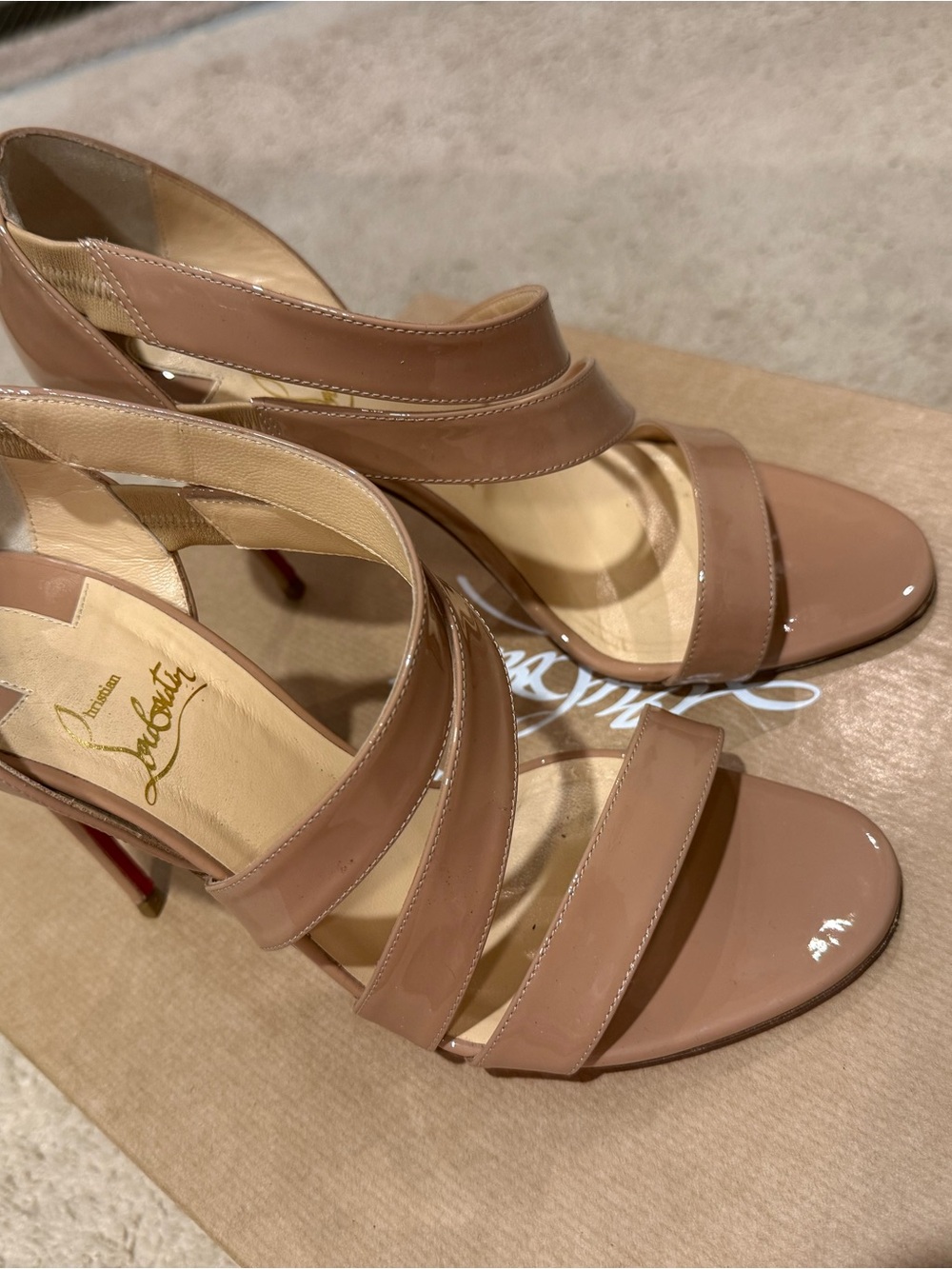 Christian Louboutin Patent Leather Strappy Sandals in Nude Pink